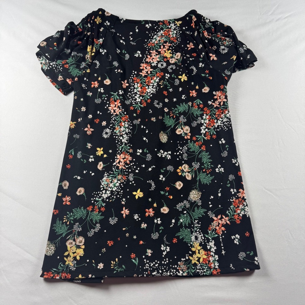 Style & Co Womens Small Black Floral Pleated Neck Short Sleeve Blouse Top - Picture 4 of 6